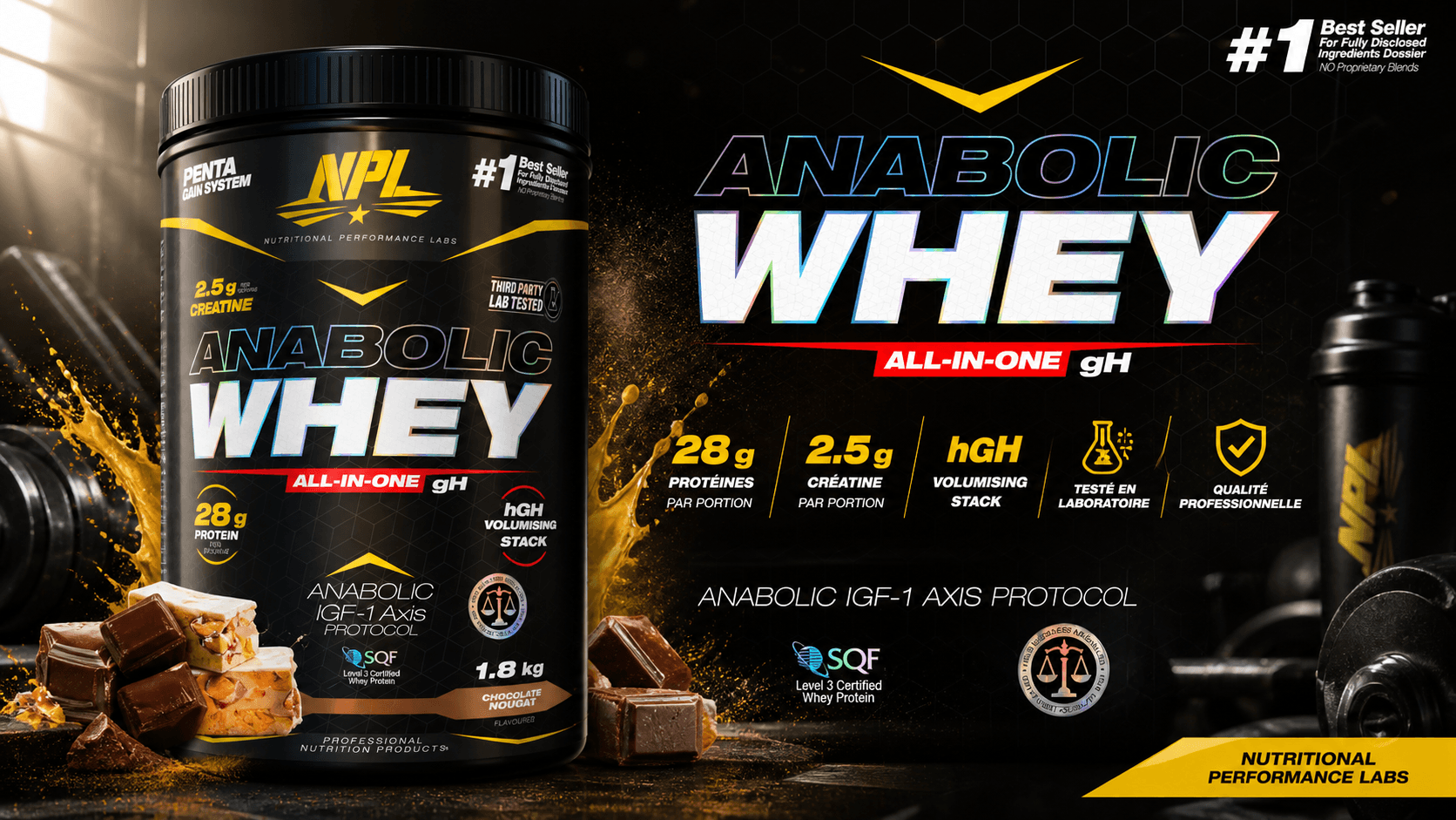 NPL Anabolic Whey All-In-One 1.8 Kg - 28g protéines, 2.5g créatine, hGH support, IGF-1 Axis Protocol